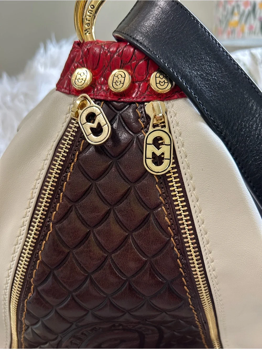 NWT Marino Orlandi Two-Tone White & Brown Leather Backpack with Red Accent